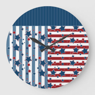 Grande Horloge Ronde Motif rayé étoile dans les tons rouge et bleu lanc