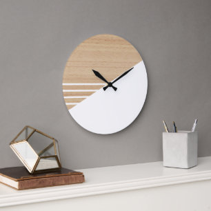 Grande Horloge Ronde Motif rayures de bloc contemporain sur bois faux