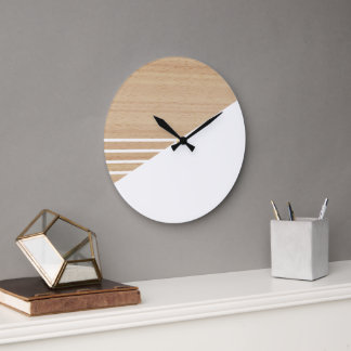 Grande Horloge Ronde Motif rayures de bloc contemporain sur bois faux