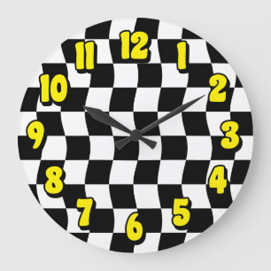 Grande Horloge Ronde Motif rétro Black White Wavy Checker