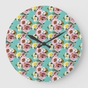 Grande Horloge Ronde Motif romantique de kiwi, citron et pivoine