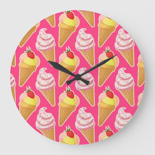 Grande Horloge Ronde Motif rose Kawaii avec crème glacée aux fraises (Recto)