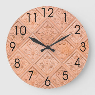 Grande Horloge Ronde Motif rose orange de terre cuite
