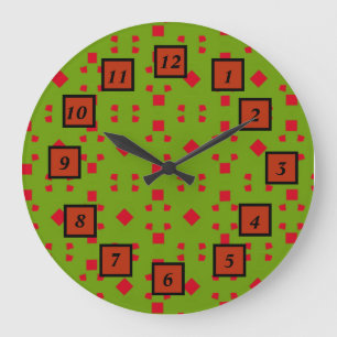 Grande Horloge Ronde Motif rouge vert Abstrait avec bits et Carrés