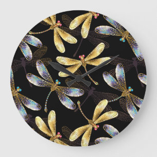 Grande Horloge Ronde Motif sans couture avec libellules d'or
