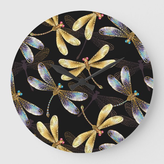 Grande Horloge Ronde Motif sans couture avec libellules d'or (Recto)