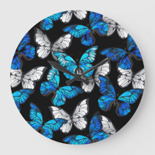 Grande Horloge Ronde Motif sans couture sombre avec papillons bleus Mor