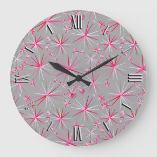 Grande Horloge Ronde Motif Spoutnik du milieu du siècle, Grey et Fuchsi