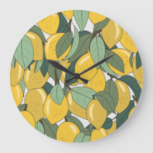 Grande Horloge Ronde Motif tropical aux citrons jaunes.