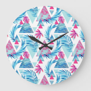 Grande Horloge Ronde Motif tropical de feuille d'aquarelle abstraite