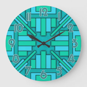Grande Horloge Ronde Motif vert-bleu turquoise géométrique des année