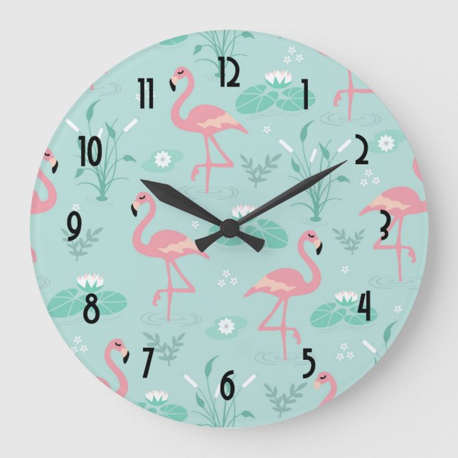 Grande Horloge Ronde Motif vert Flamants roses rose Pastel (Recto)
