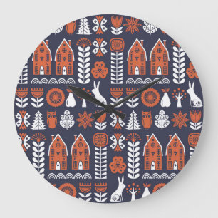 Grande Horloge Ronde Motif Vintage d'art populaire scandinave