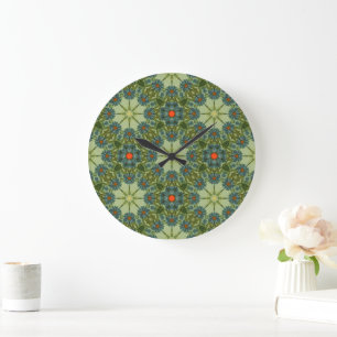 Grande Horloge Ronde motif vintage en vert avec fleurs bleues