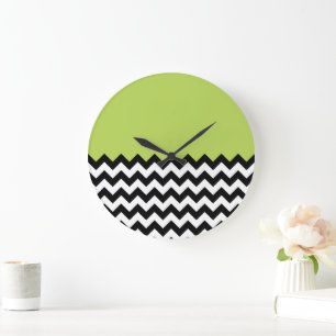 Grande Horloge Ronde Motif Zigzag noir et blanc, Chevron, Vert