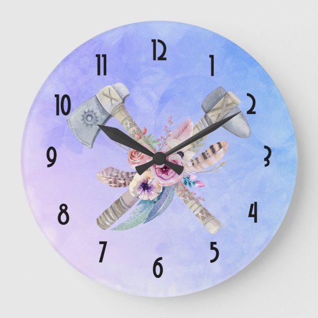 Grande Horloge Ronde Motifs et fleurs Tomahawk Aquarelle Design (Recto)