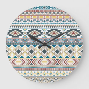 Grande Horloge Ronde Motifs Tribaux Aztèques : Design géométrique sans