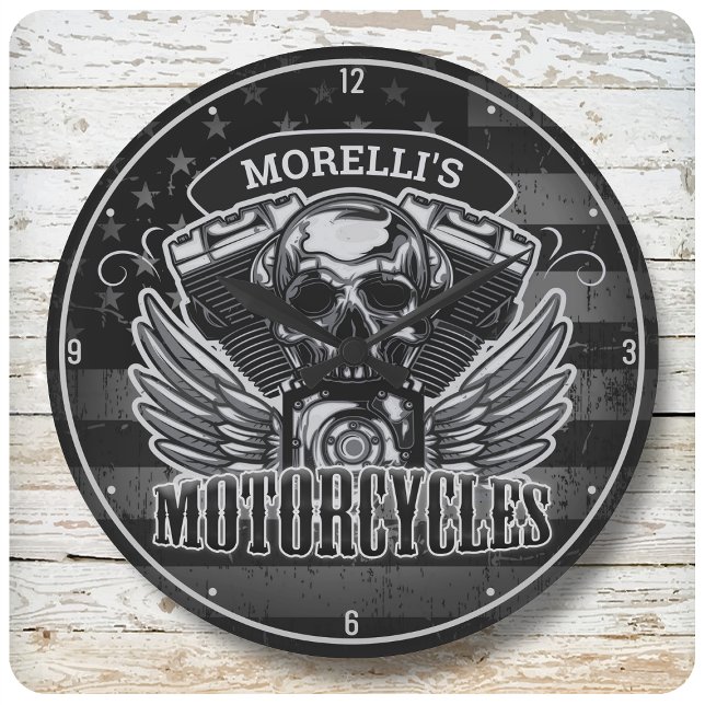 Grande Horloge Ronde Motocyclette crâne américaine personnalisée (Créateur téléchargé)