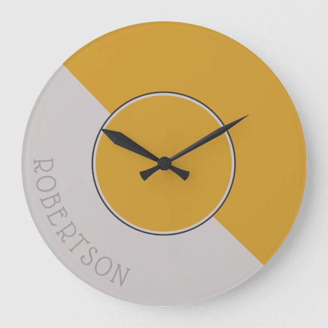 Grande Horloge Ronde Moutarde graphique et Taupe chauds personnalisés (Recto)