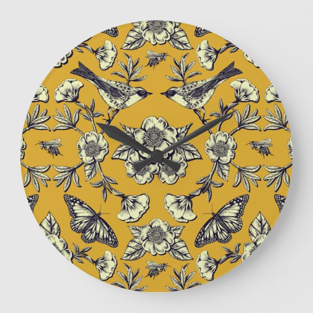 Grande Horloge Ronde Moutarde Jaune et Oiseaux de la Marine, Papillons  (Recto)