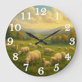 Grande Horloge Ronde Moutons paisibles dans une prairie pastorale