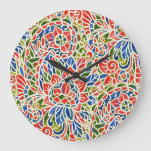 Grande Horloge Ronde Multicolore Paisley Imprimer Motif Batik