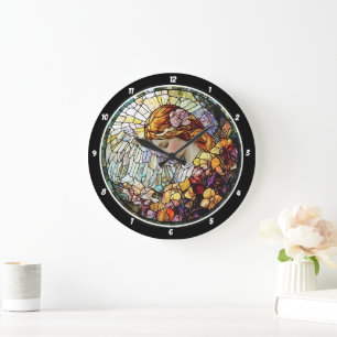 Grande Horloge Ronde Mur Angel en Verre Rendu Rayon Divin