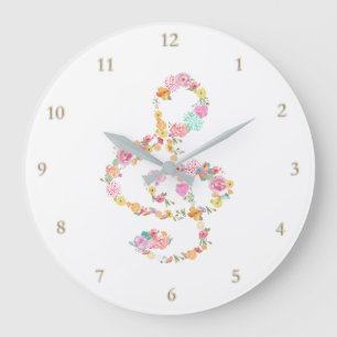 Grande Horloge Ronde musique trek clef fleurs d'aquarelle
