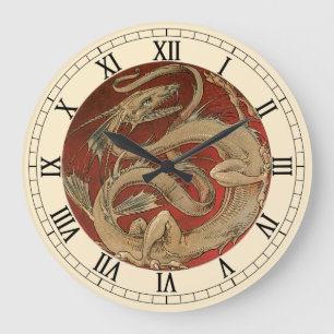 Grande Horloge Ronde Mythologie Vintage, Dragon Doré Asiatique