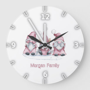 Grande Horloge Ronde Nains de Noël roses adorables et fantaisistes