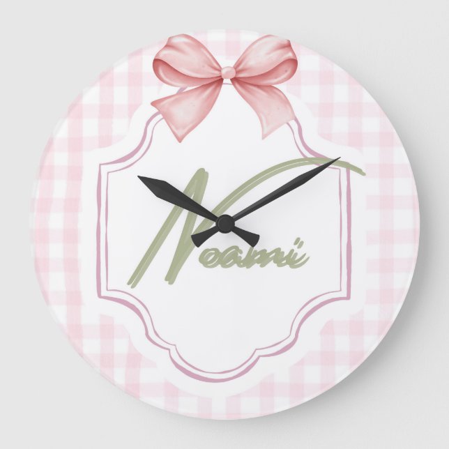 Grande Horloge Ronde Naomi Baby Girl Nursery Bow&En vichy personnalisée (Recto)