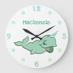 Grande Horloge Ronde Narwhal Green   Cartoon Mint Chibi Customisé