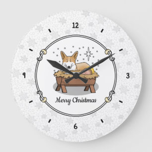 Grande Horloge Ronde Nativité de Noël Pembroke Welsh Corgi (rouge1) Amu