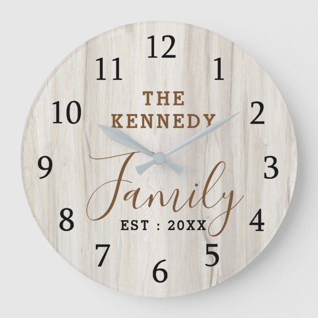 Grande Horloge Ronde Natural Wood Rustic Farmhouse Nom de famille (Recto)