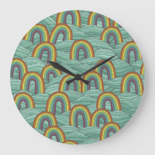 Grande Horloge Ronde Nature arc-en-ciel : Composition Vintage dessinée 