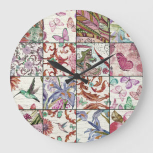 Grande Horloge Ronde Nature Patchwork : Chic Arrière - plan sans coutur