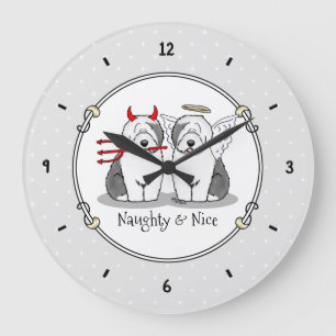 Grande Horloge Ronde Naughty & Nice Old English Sheepdogs (Grey 1)