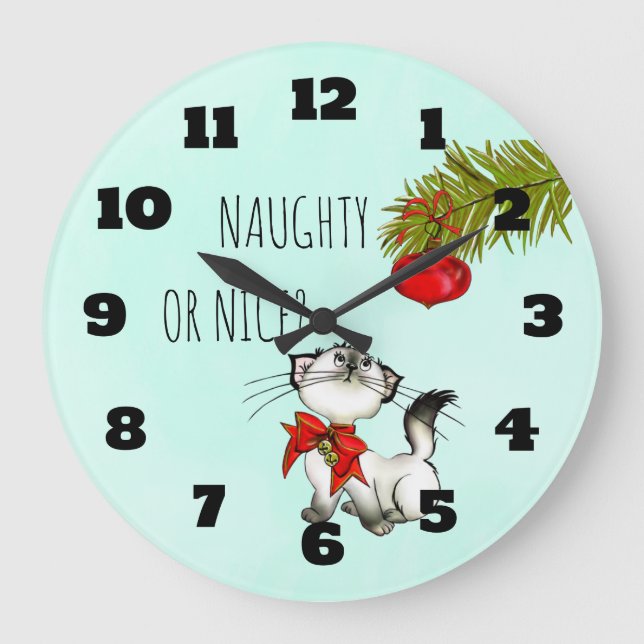 Grande Horloge Ronde Naughty ou Nice Joueur Kitty Chat Noël (Recto)