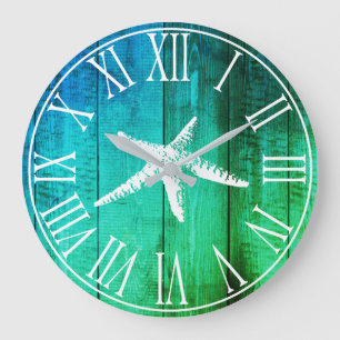Grande Horloge Ronde Nautical Faux Wood Ocean Hues & White Starfish