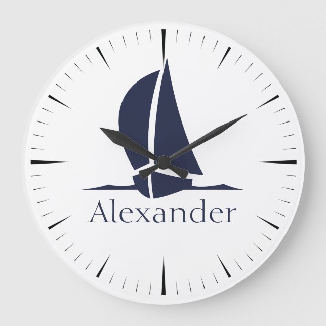 Grande Horloge Ronde Nautical White Sailboat Navy blue Coastal Monogram (Recto)