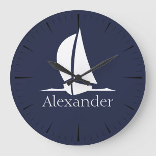 Grande Horloge Ronde Nautical White Sailboat Navy blue Coastal Monogram