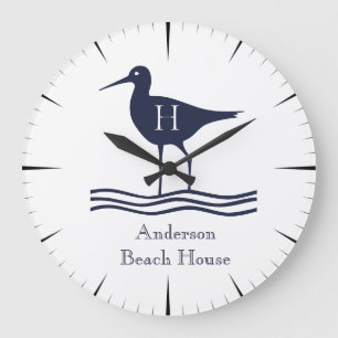 Grande Horloge Ronde Nautical White Sandpipe Navy blue Coastal monogram