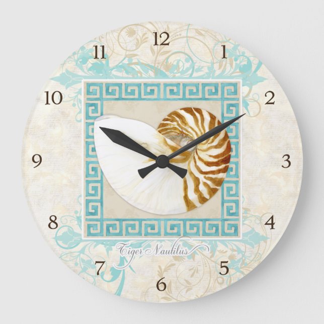 Grande Horloge Ronde Nautilus Shell aquarelle grecque clé Damask plage (Recto)