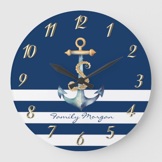Grande Horloge Ronde Nautique, Aquarelle Ancre Marine Bleu rayé (Recto)