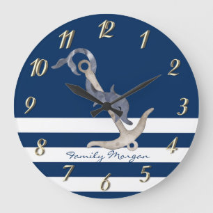 Grande Horloge Ronde Nautique, dauphin à l'ancre rayé bleu marine