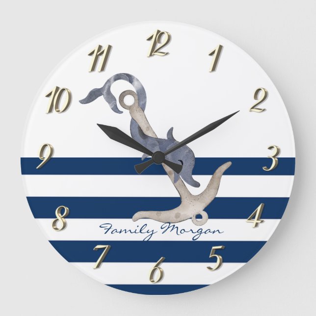 Grande Horloge Ronde Nautique, Dauphin Ancre Bleu rayures (Recto)