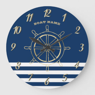 Grande Horloge Ronde Nautique, Roue de bateau dorée, Rayures bleu marin