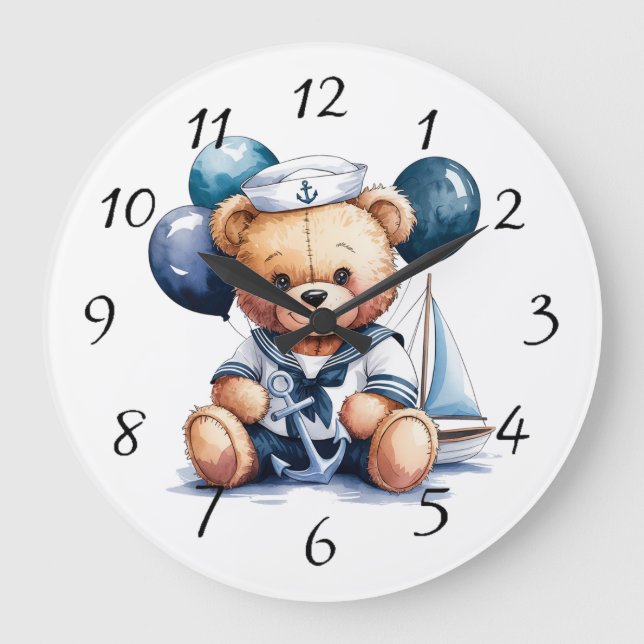 Grande Horloge Ronde Nautique Teddy Bear Delight Boy Baby shower Cadeau (Recto)