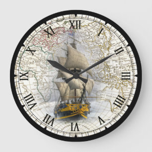 Grande Horloge Ronde Navire   à voile ~ 1789 Carte de l'hémisphère 