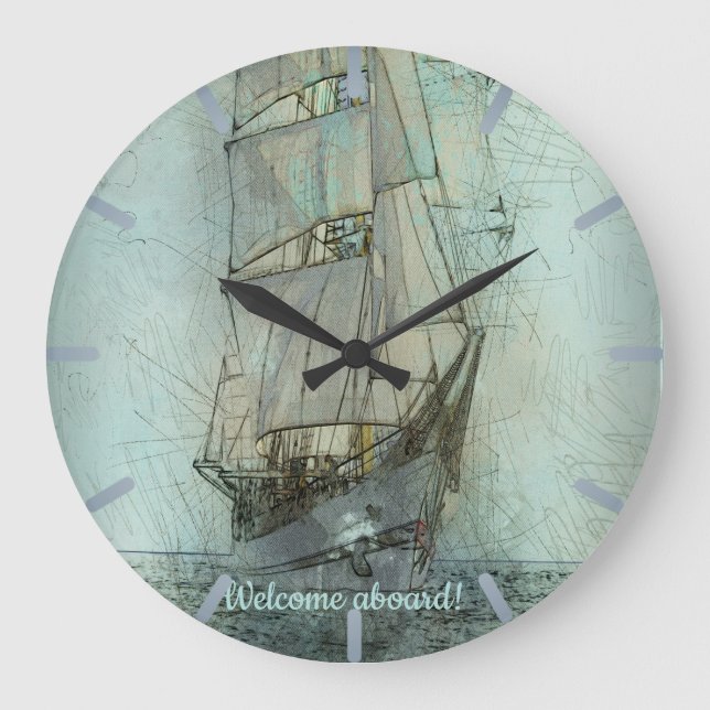 Grande Horloge Ronde Navire classique nautique (bleu) (Recto)